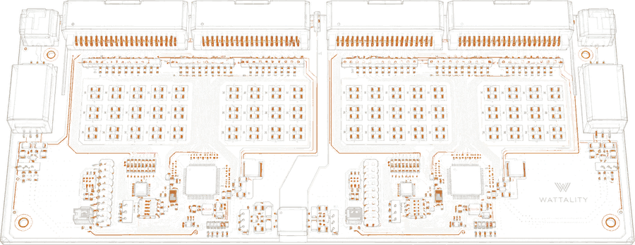 Line drawing of the Sense measurement board: cell connectors along the top edge, rows of measurement channels, two processors and isolated communication connectors at both ends.